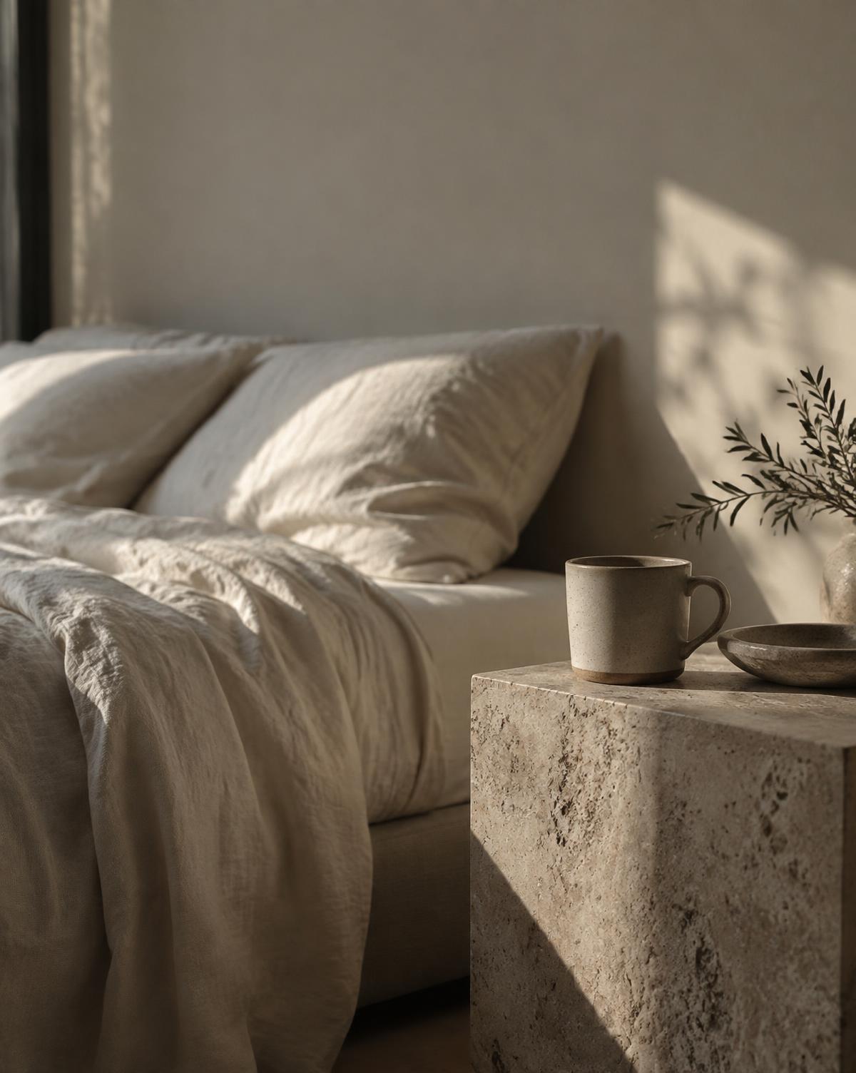 A calm morning setting with linen, stone, and natural light